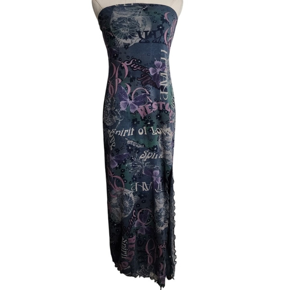 Urban Outfitters Maxi Dress Strapless Y2K 2000s Floral Text Print Slit‎ L